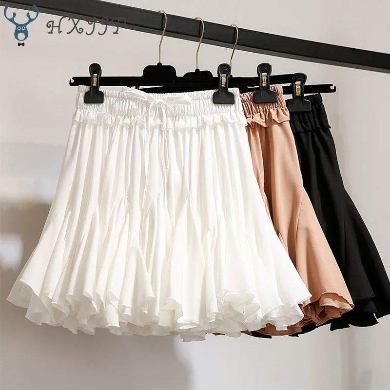 Prix HXJJP blanc noir en mousseline de soie été Shorts jupe femmes 2019 mode coréenne taille haute Tutu plissée Mini soleil école jupe femme