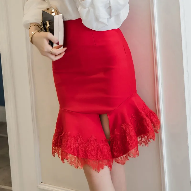 SZMXSS женские юбки большие размеры 4XL 5XL версии высокой талии Асимметричный рыбий хвост большой slash кружева шить в виде листка лотоса половина юбка - Цвет: Красный