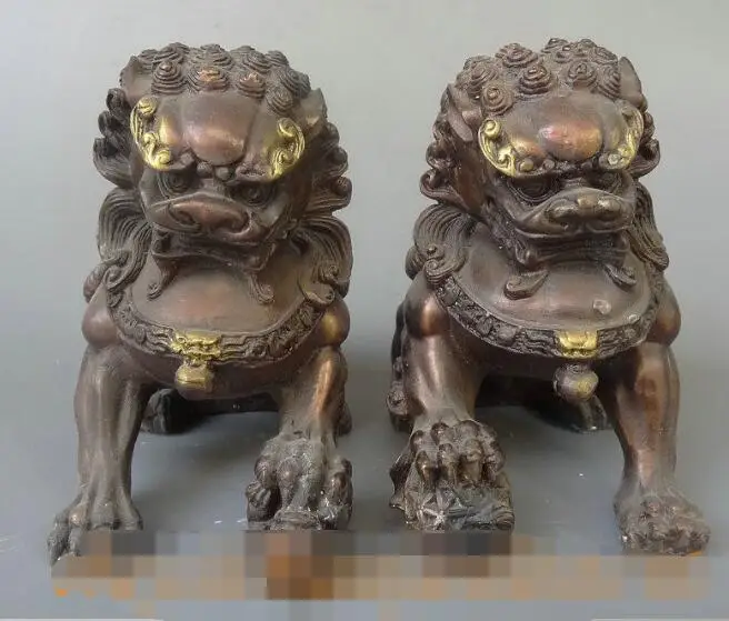

S7017 Folk Chinese Red Bronze Fengshui Guardion Door Foo Fu Dog Lion Ball Statue Pair D0318