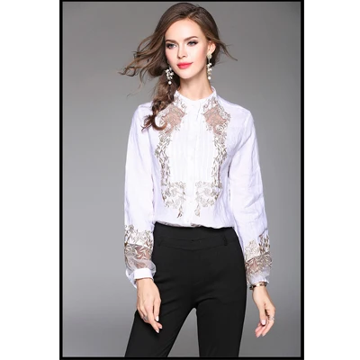 Европейские весенние женские блузки с вышивкой, черные кружевные лоскутные элегантные шифоновые офисные Топы 2XL T81228L - Цвет: White
