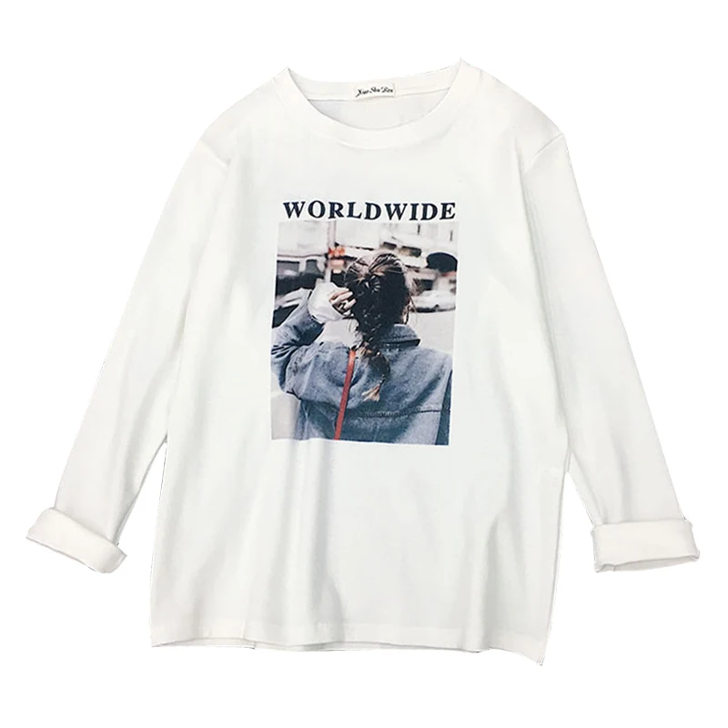 

Spring Long Sleeve T Shirt Lady O-Neck Cotton T Shirt Letter Print White T-shirt Women Kawaii Loose plus size Autumn TOPs A530