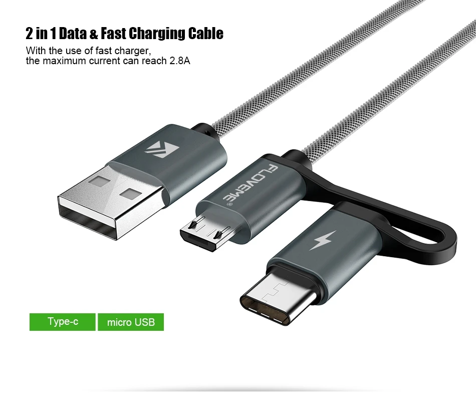USB Cable QC 3.0 5V 2.8A Fast Charger Micro USB Type C 2 in 1 Cables (2)