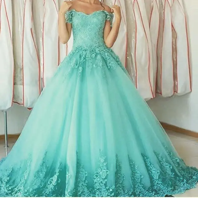 Mint Green Puffy Prom Dresses 2017 Off Shoulder Short Sleeves Lace Up