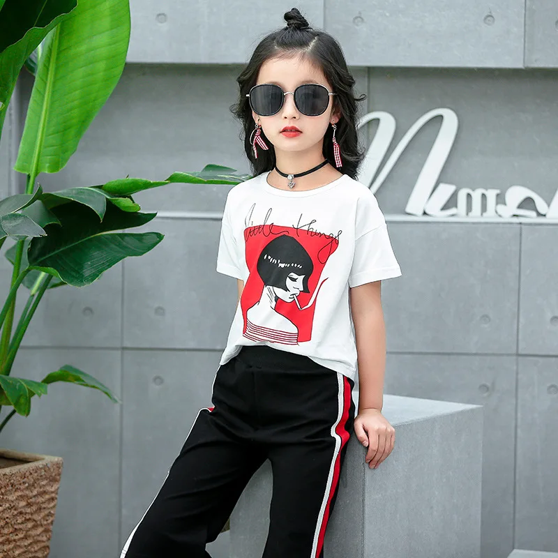 

2019 New Children's Clothing New Cotton Girls Set Summer Round neck print T-shirt + Seven Points Wide Leg Pants Sports Two-piece