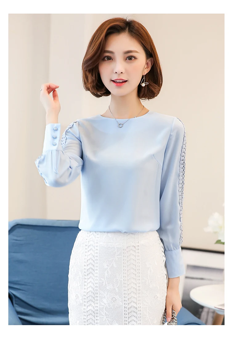 Синяя, красная, белая шифоновая блузка для женщин, осень, с длинным рукавом, для девушек, рубашки для офиса, корейская мода, кружево, открытая женская блузка