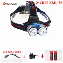 Перезаряжаемый CREE xmlT6 светодиодный налобный светильник Светильник ing фонарь лампа+ 2*18650 батарея+ 1* AC/зарядное устройство+ 1* USB зарядное устройство