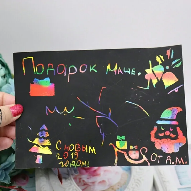 Happyxuan 50 sheets Magic Color Rainbow Scratch Paper Card Set with Graffiti Stencil for Drawing DIY Art Painting Toy Kids 