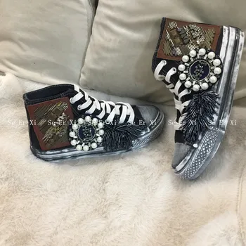 

Spring and Autumn New Punk Nail Pearl Drill Hip Canvas Shoes Girls Student Board Shoes