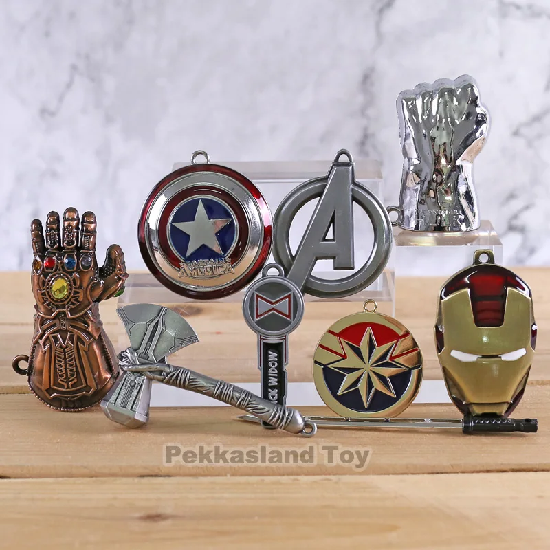 

Marvel Avengers Endgame Shield Hammer Helmet Mini Weapons Model Toys Metal Figures Keychains Necklaces 9-pack