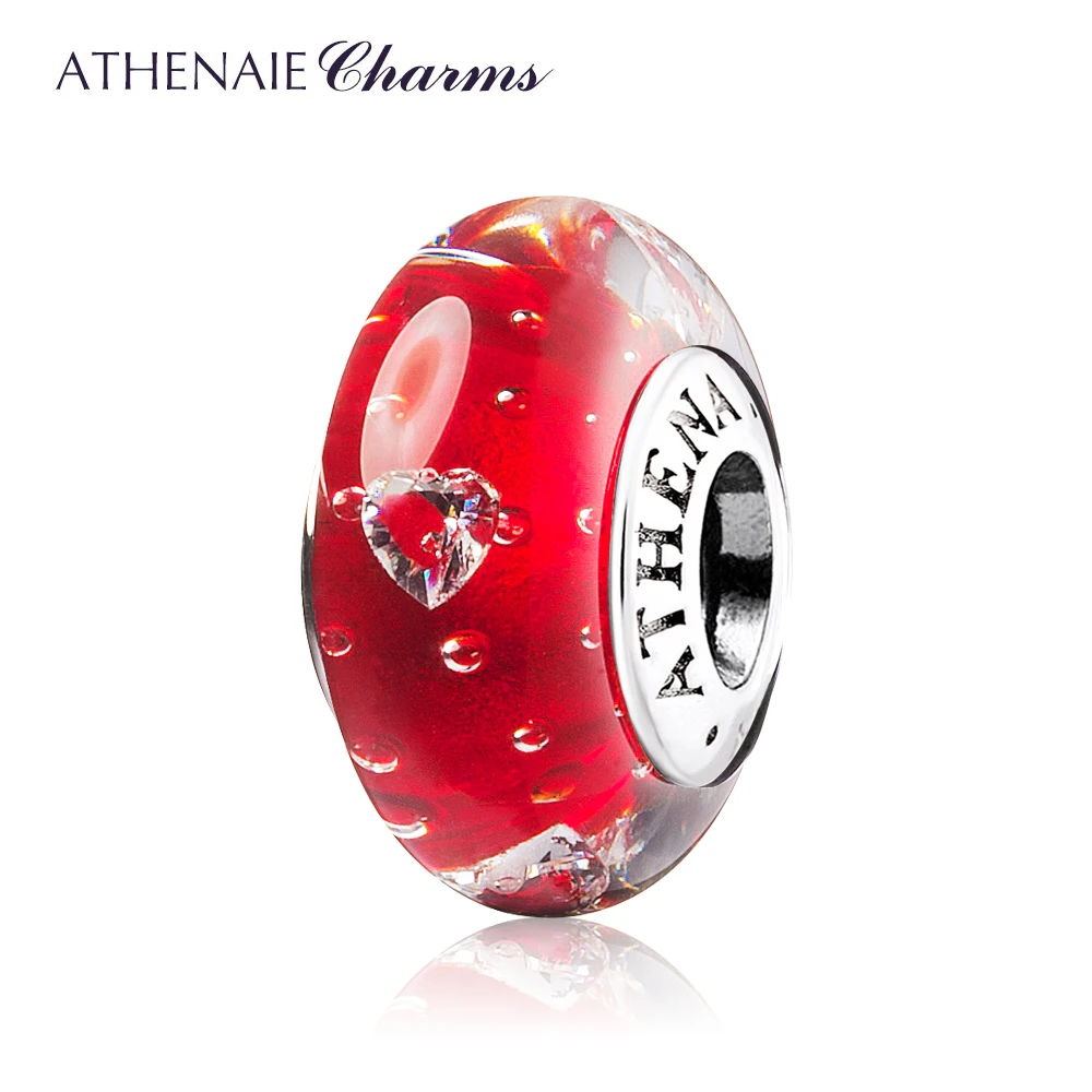 

Аутентичные Подвески ATHENAIE из серебра 925 пробы с сердечником из стекловолокна в форме сердца, прозрачный CZ Шарм из муранского стекла, стеклянные бусины с подвесками, европейские браслеты, цвет красный