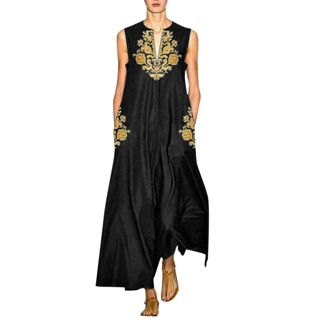 

feitong Women Plus Size Vintage Daily Casual Sleeveless V Neck Embroidery Summer Dress robe soiree femmerobe ceremonie femme