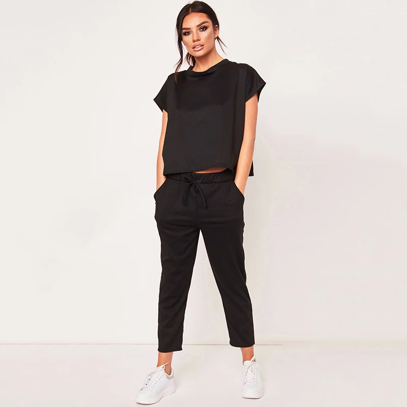 

Summer solid color thin short-sleeved round neck T-shirt cropped trousers harem pants two-piece casual suit free shipping