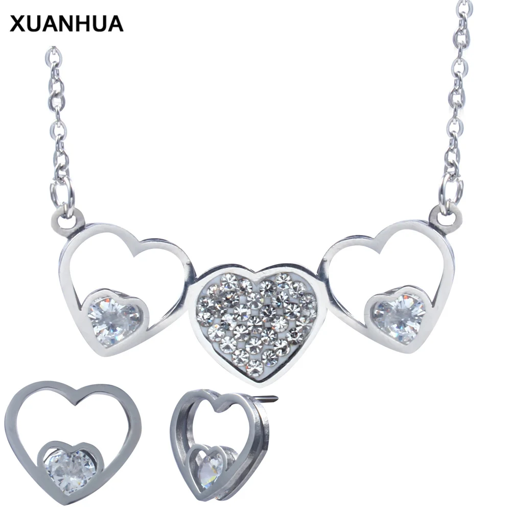 XUANHUA ожерелье и серьги в форме сердца из нержавеющей стали, ювелирный набор с камнями для женщин, ювелирное изделие, модное ожерелье, подарочный набор