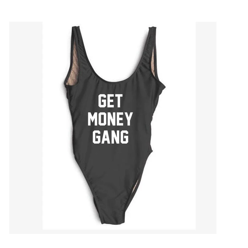 GET MONEY GANG Funny Letters Bikinis Women Thong One Piece Swimwear