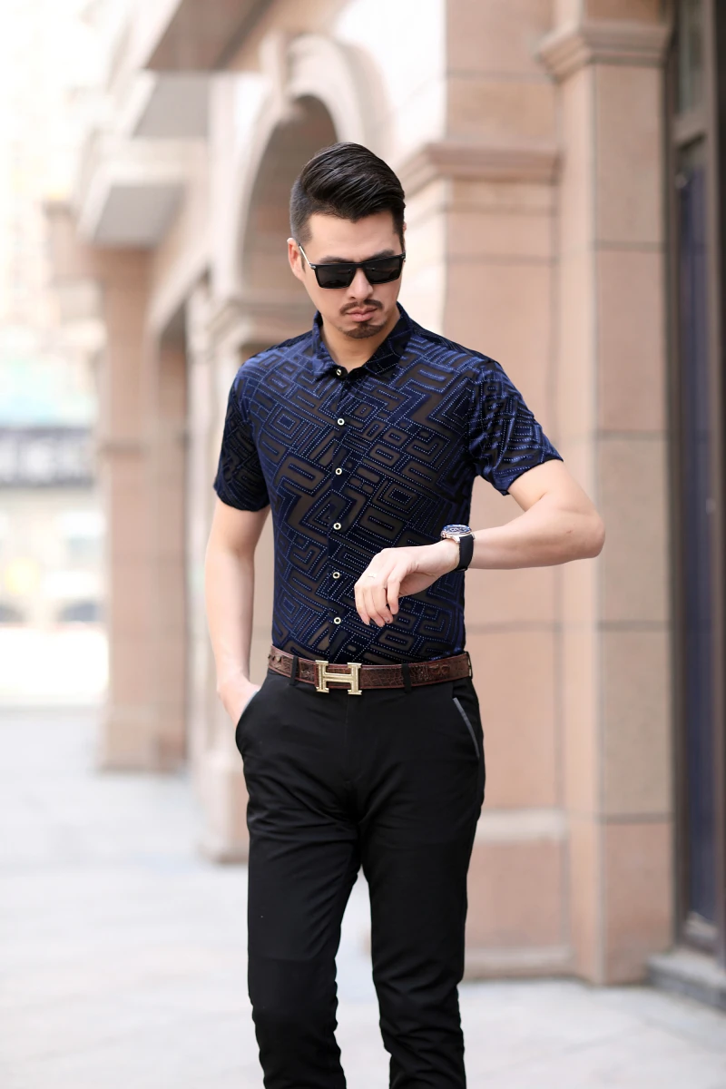 Нерегулярные решетки прозрачный короткий рукав рубашка Camisa Hombre модная уличная бархатная рубашка Гавайский человек Camisa соц