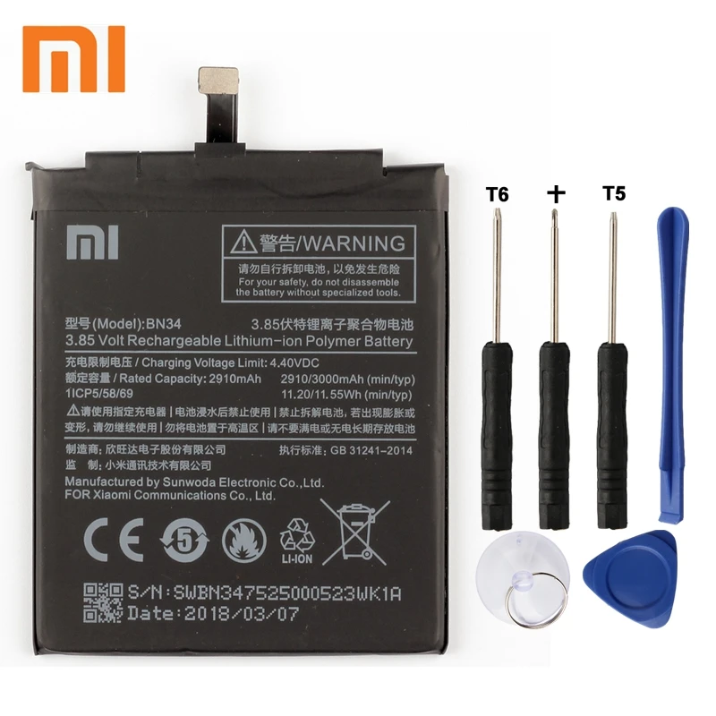 

Xiaomi Mi BN34 Phone Battery For Xiao mi Redmi 5A Redrice 5A BN34 3000mAh Original Replacement Battery + Tool