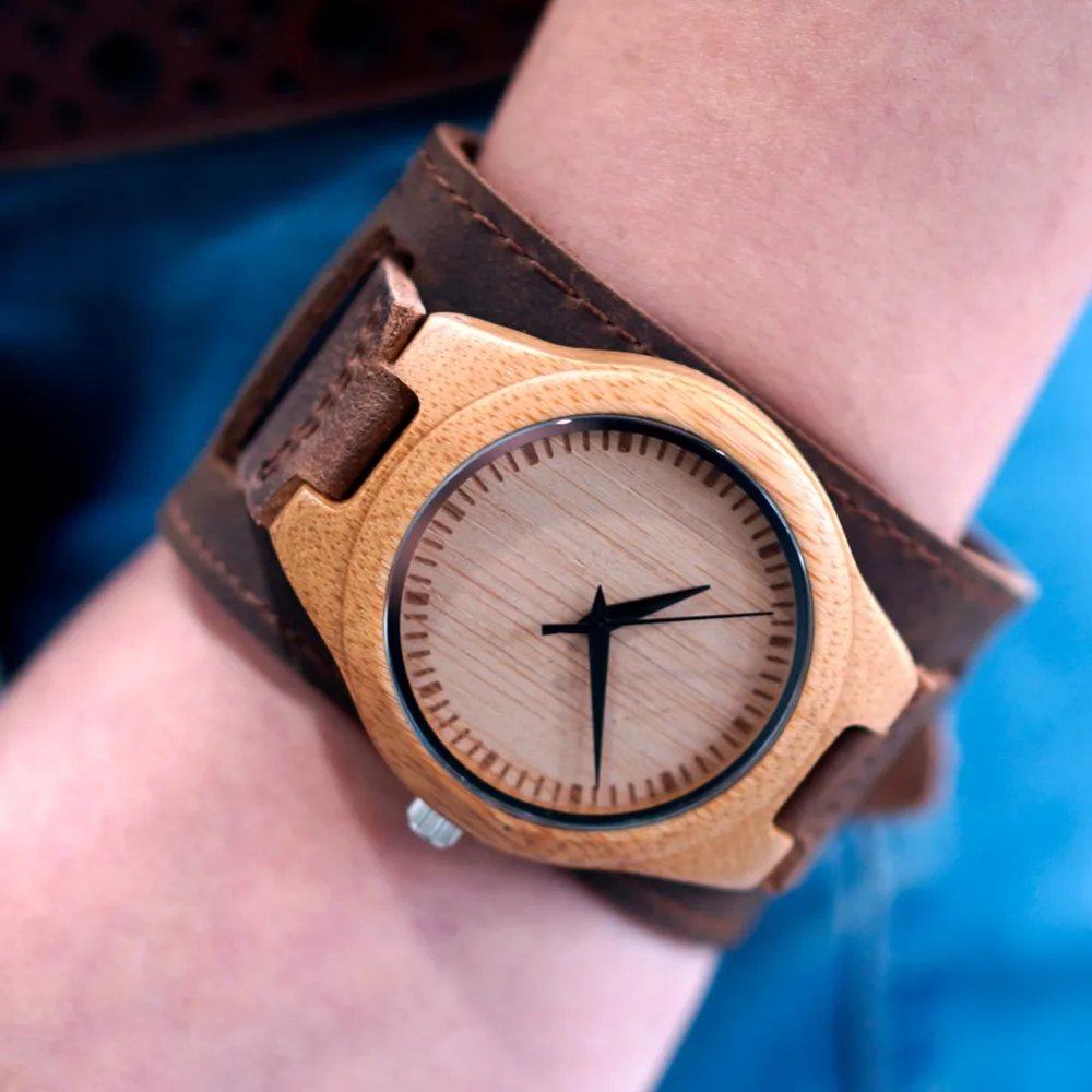 BOBO BIRD Mens Bamboo Wood Watches Chicago Bracelets Detachable Wide Soft Leather Band Straps with Gift Box OEM DropShipping