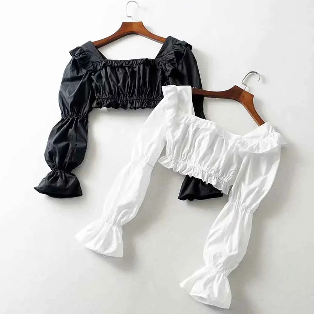 

ANSFX Sweet Square Collar Pullover Short Shirt 2019 Long Flare Sleeve Elastic Cuff Blouse Ruffles Crop Tops Palace Style 2 Color
