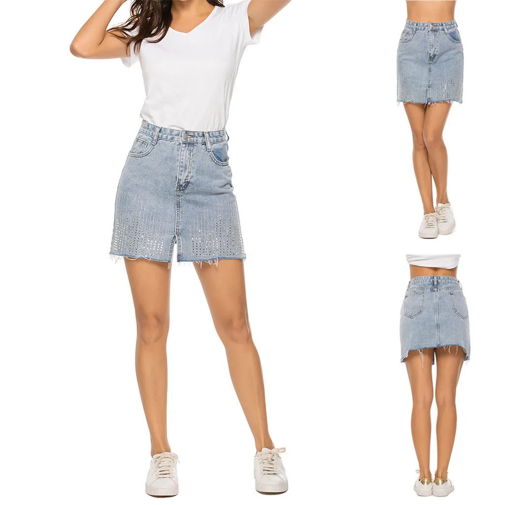 

Women's Skirt Skirts faldas jupe femme shein saia Women's Casual Mid Waisted Washed Frayed Pockets Denim Jean Short Skirt #50