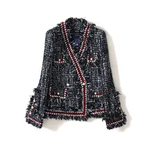 WT0027 Весна и Осень Зима Твид аристократический темперамент Жемчуг v образным вырезом руководство небольшой сладкий ветровка