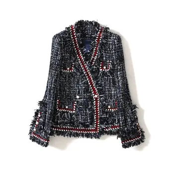 

New WT0027 spring and autumn winter tweed aristocratic temperament pearl v neck manual small sweet wind coat