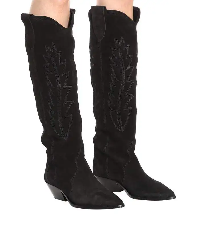 

Botines Mujer 2018 Women Winter Shoes Tan Suede Knee-High Boots Square Heel Long Riding Boots Low Heel Western Motorcycle Boots