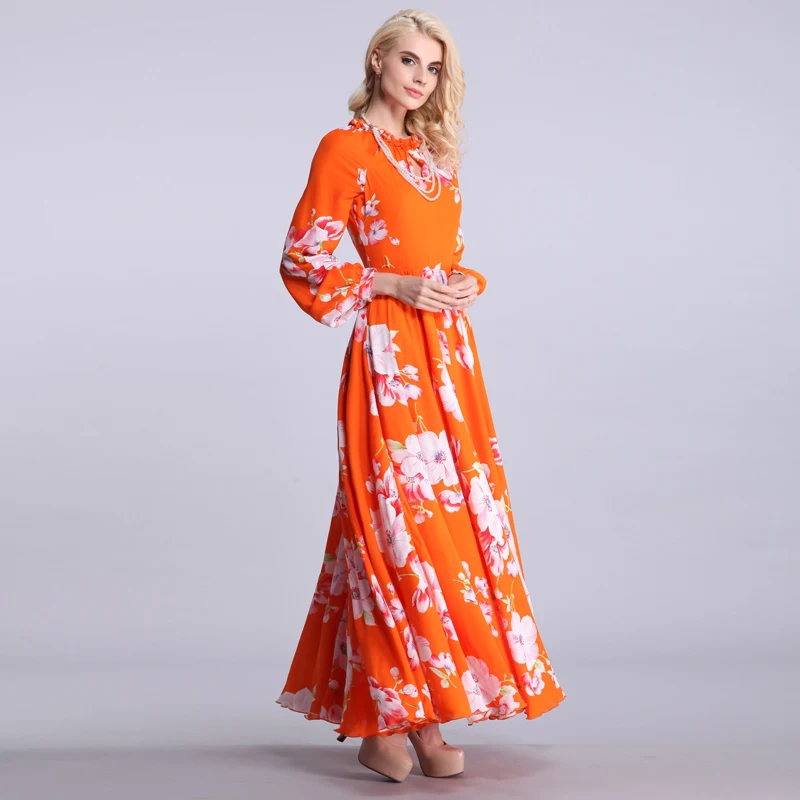 2016 orange print floral loose dress 