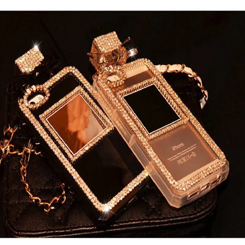 

Luxury Rhinestone Perfume Bottle Cases For Apple iPhone 8 8Plus 7 7 plus Back Cover Soft TPU Silicone Phone Case with Chain