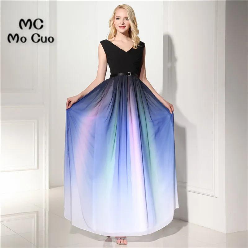 

Top Quality 2017 In stock Evening Prom dresses Long with Pattern V-Neck Vestidos de fiesta Formal Chiffon Sashes Evening Dress