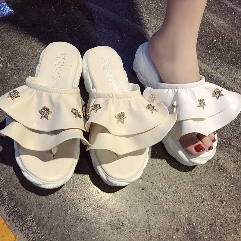 

Flip Flops Women Slippers Summer Platform Flip Flops Women White Black Platform Slides Ruffle Slipper open to Weave Sole