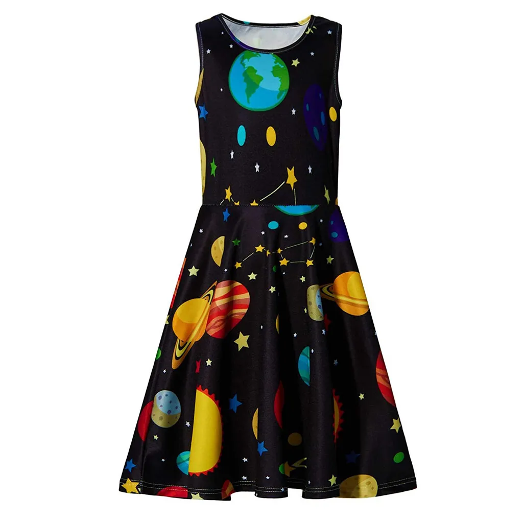 Youth Teen Kids Girl Sleeveless Planets Print Dress School Party Sundress Clothes