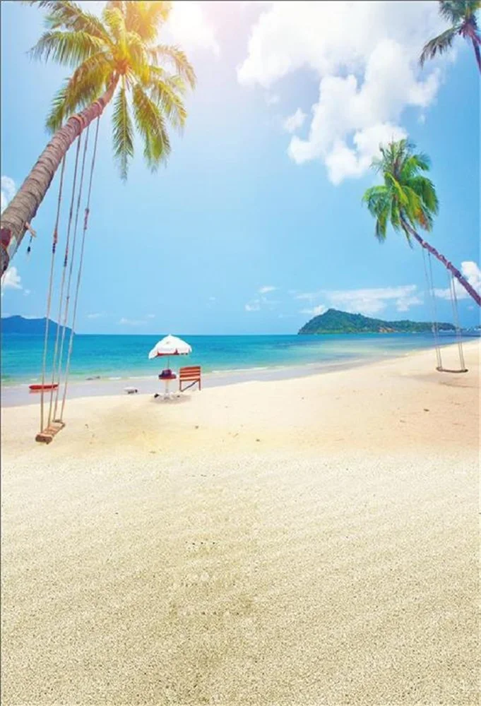 

Laeacco Sea Beach Palm Tree Swing Parasols Photography Backgrounds Customized Photographic Backdrops For Photo Studio