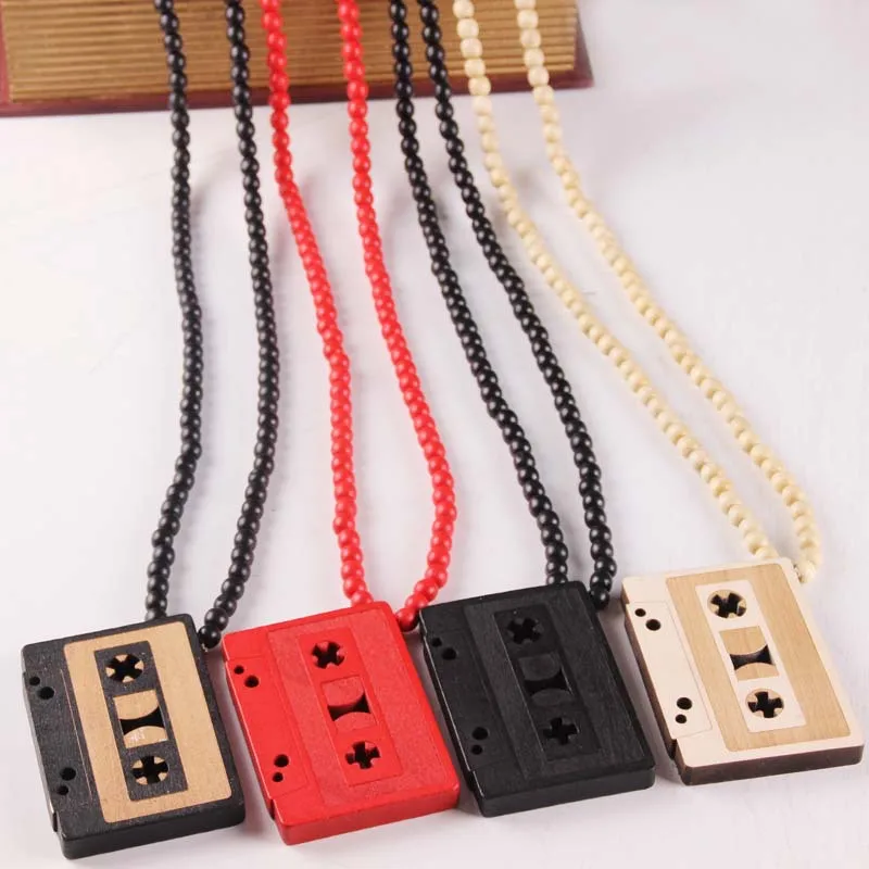 

Tape Laser Engraved Music Wooden Bead Necklace Solid Wood Cassette Pendant Hip Hop Necklace X 1