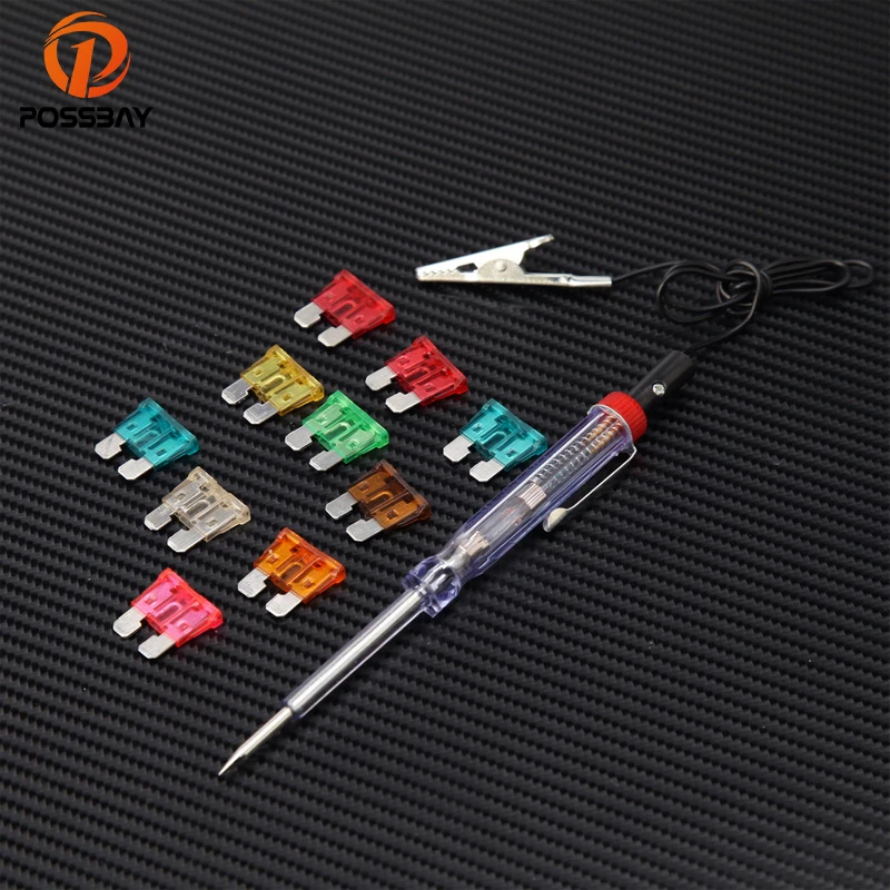 

POSSBAY 3A 5A 7.5A 10A 15A 20A 25A 30A Blade Fuse Assortment Car Truck Motorcycle Fuses with Circuit Voltage Tester Test Pen