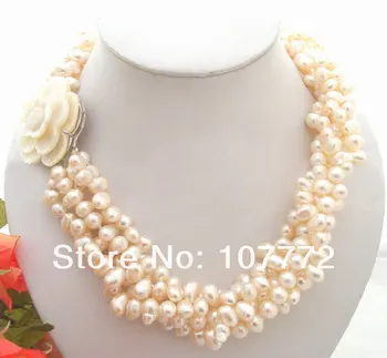 

5 strands White Pearl Necklace-Cameo Flower Clasp free shipment
