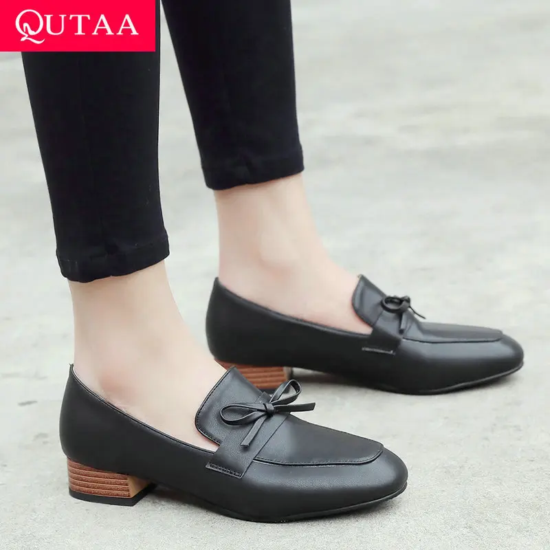 

QUTAA 2019 Women Shoes Pu Leather Casual Shoes Women Pumps Shallow Low Heel Square Toe Women Shoes Casual Ladies Pumps 34-43