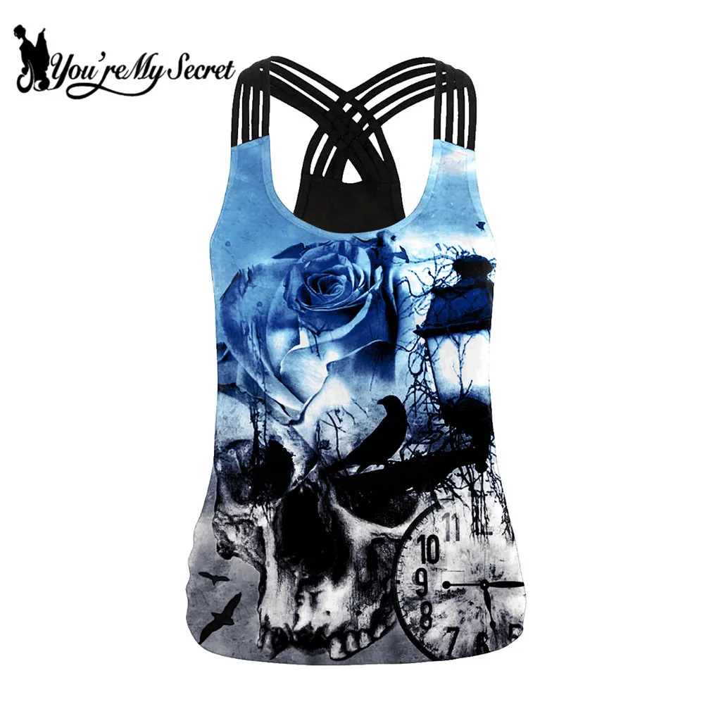 

[You're My Secret] Fantasy Gothic Skull Printing Women's Sling Tops Sexy Backless Tank Top Fashion Blue Rose Pattern Vest Summer