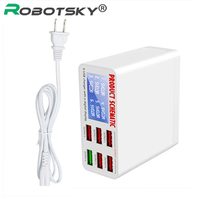 Robcotsky 6A with LCD Digital Display 6 Port USB Charger Fast Smart Charging Station for Smart Phone Tablet PC EU UK US Plug
