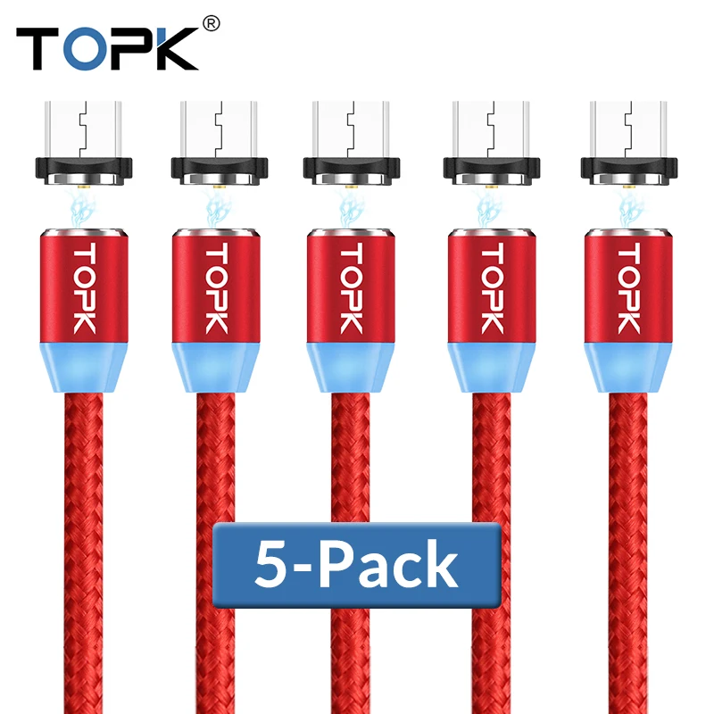 TOPK [5-Pack] R-Line2 светодиодный магнитный кабель Micro USB для samsung Galaxy S7 edge Xiaomi Redmi Note 4X кабели для телефонов Microusb