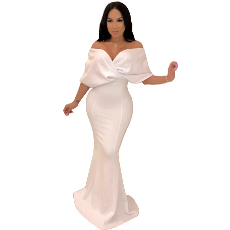 Однотонное сексуальное платье с открытыми плечами и v-образным вырезом, женское платье с коротким рукавом и юбкой-годе, макси платья Vestidos - Цвет: Белый