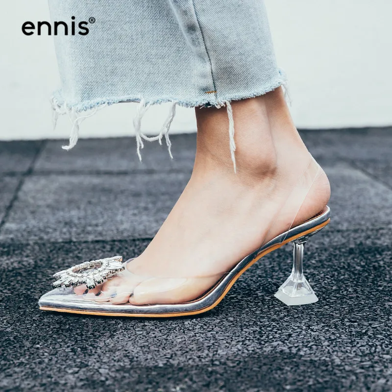 

ENNIS 2019 Sexy PVC Transparent Sandals High Heel Shoes Pointed Toe Rhinestone Flower Sandals Strange Crystal Heels Women S982