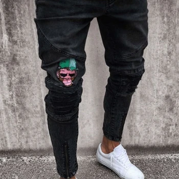 

Men Persoanl Embroidered Monkey Jeans Male Ripped Pleated Casual Long Trousers Men Slim Fashion Fake Zipper Denim Pants AA51428