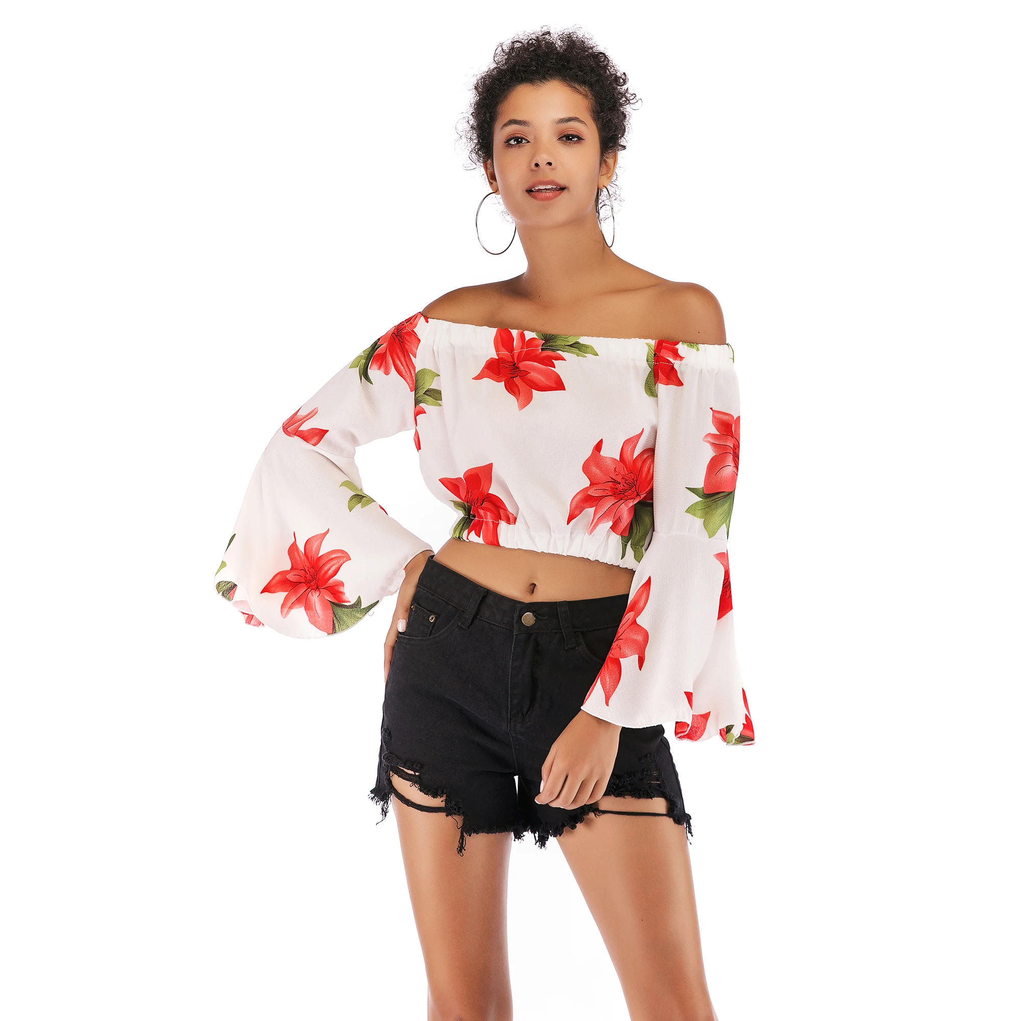 VZFF Ladies Print Leopard Printed Word Collar Sexy Off-Shoulder Chiffon Shirt Fashion Trumpet Sleeve Print Tops Women