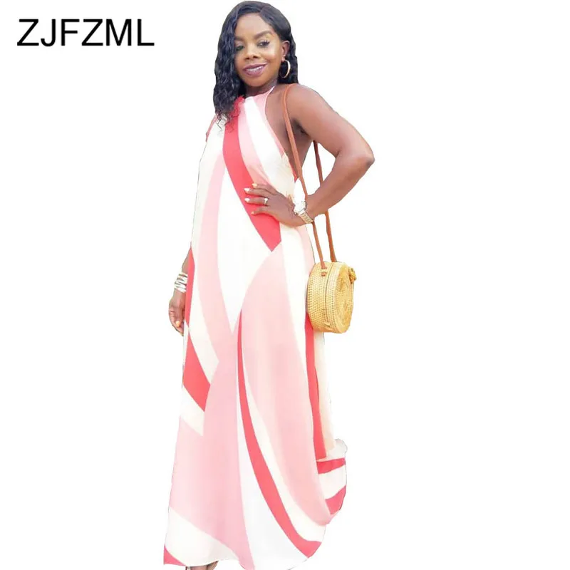 

Geometric Print Summer Beach Dress Women Off The Shoulder Backless Floor-Legnth Dress Casual Halter Sleeveless Long Party Dress
