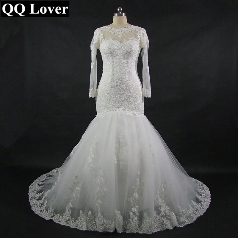 QQ Lover New Mermaid Long Sleeve font b Wedding b font Dress Lace Appliques font b