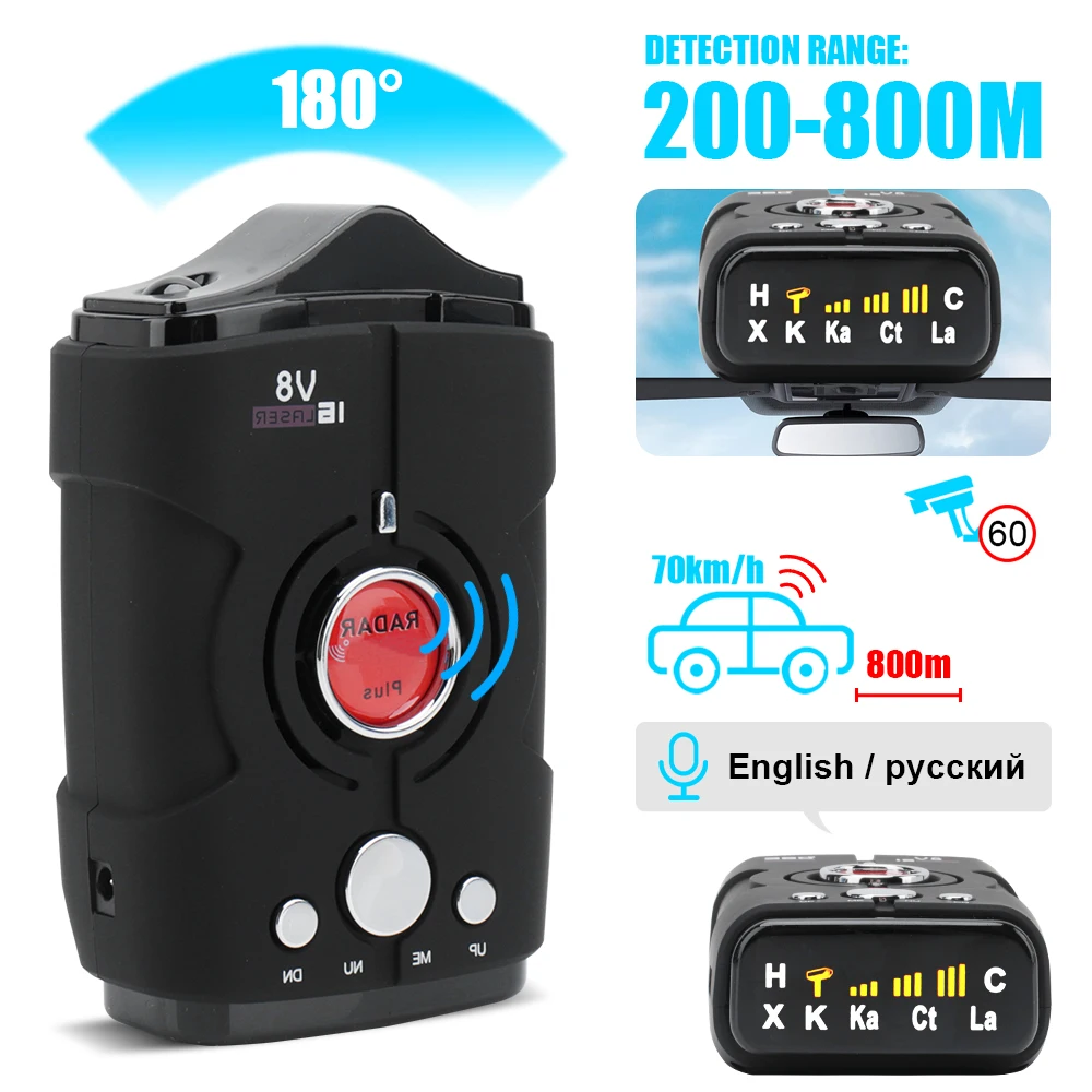 

Multi Function Car Radar Detector V8 English Russian 360 Degree Voice Warning 16-Band LED Display