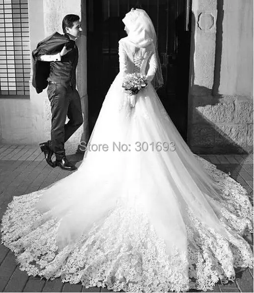 OWD913 Hochzeitskleid Robe de Mariage With font b Hijab b font Veil Venice Lace Appliqued Long