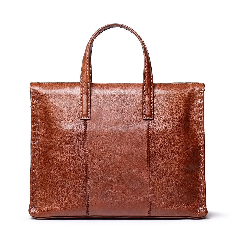 

genuine leather brown men cross section briefcase business casual male Tote handbag shoulder crossbody 14 inch notebook Bag
