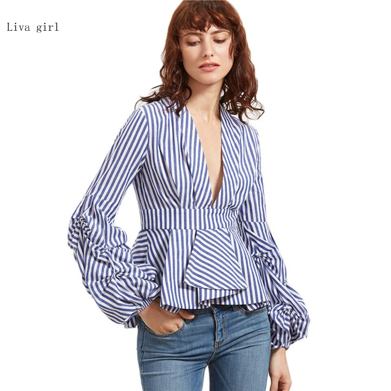 2017 Blouse Office Lady Woman Blue Striped Deep V Neck Lantern Sleeve
