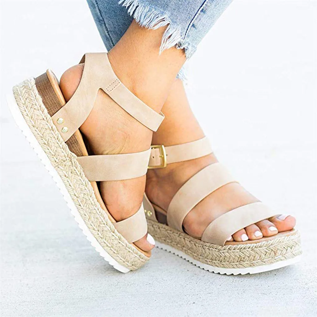 

MUQGEW Casual Sandals Women Spring Summer 2019 Fashion Flats Open Toe Ankle Thick Bottom Straps Buckle Beach Shoes Roman Sandals